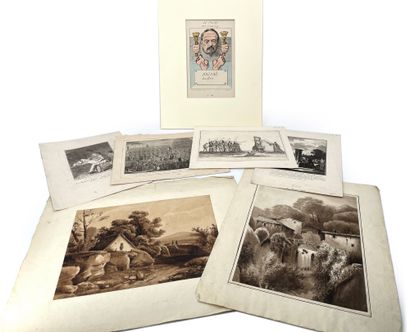 null Set including :
- Two watercolors in sepia.
- 4 revolutionary engravings on...