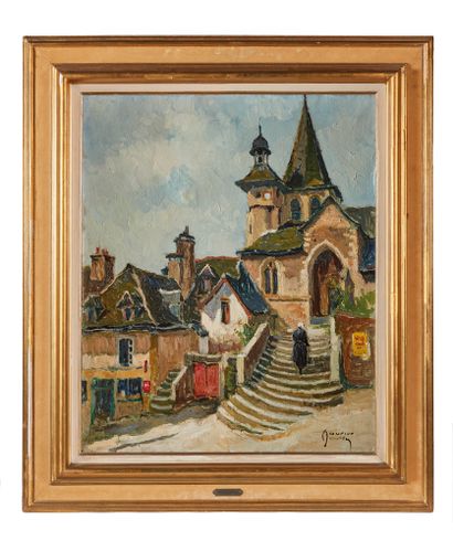 Maurice MARTIN (1894-1978) Eglise dans un village 
Huile sur toile, signée en bas...