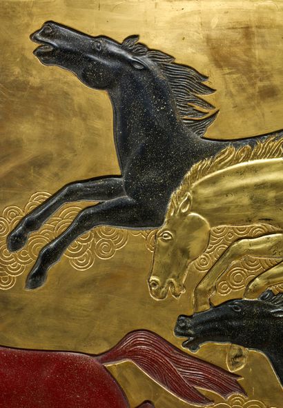 Jean DUNAND (1877-1942) La Conquête du cheval Panneau décoratif en plâtre à décor...