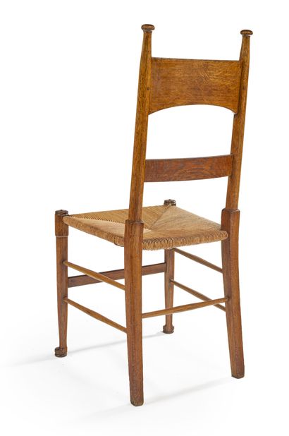 Josef Maria OLBRICH (1867-1908) Suite of four oak chairs with banded back, cane seat,...