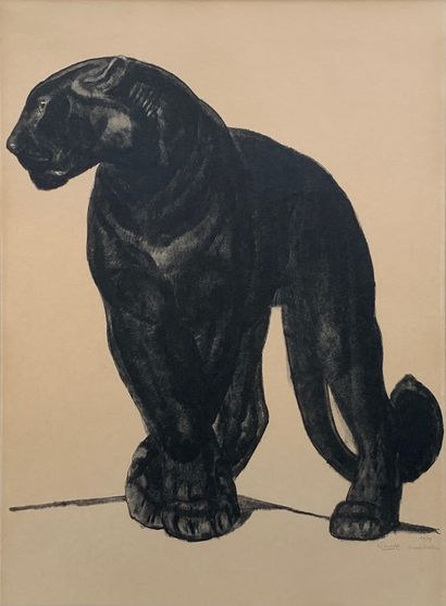 Paul JOUVE (1878-1973) Panthère noire de face, pattes croisées, 1929 Lithographie...