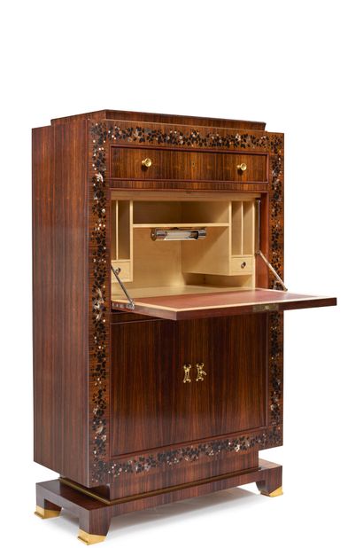 Jules LELEU (1883-1961) Rosewood veneered secretary opening with a drawer, a flap...