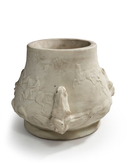 ERNEST CARRIERE (1858-1908) Exceptionnel cache-pot en marbre à décor d'une frise...