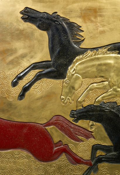 Jean DUNAND (1877-1942) La Conquête du cheval Panneau décoratif en plâtre à décor...