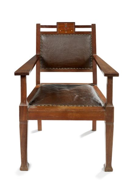 TRAVAIL AUTRICHIEN Mahogany armchair with high back and inlaid decoration resting...