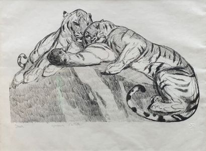 Paul JOUVE (1878-1973) Tigres repos, 1931 Eau forte sur papier Japon nacré Signée...