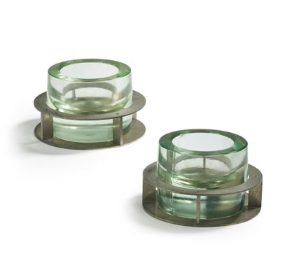 JEAN-BORIS LACROIX (1902-1984) 
Pair of modernist thick glass and nickel-plated metal...