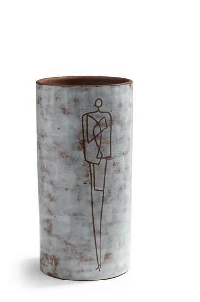 Alexandre KOSTANDA (1921-2007) Large grey glazed ceramic vase decorated with a standing...
