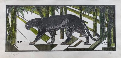 GASTON SUISSE (1896-1988) Panthère noire dans les bambous, 1927 Gravure sur bois...
