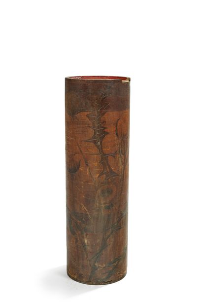 Émile GALLÉ (1846-1904) Cylindrical umbrella stand with inlaid floral and insect...