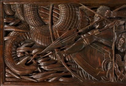 TRAVAIL FRANÇAIS 1930 African hunters
Large panel carved directly on wood
72 x 181...