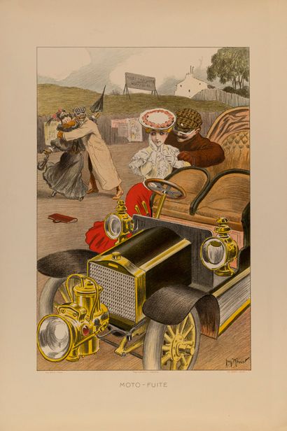 null MEUNIER Georges. Moto-Fuite. 1905. Lithographie en couleurs. Ed. Sagot Editeur....