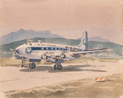 null ANONYME. Quadrimoteur Air France moyen courrier. Circa 1950. Aquarelle sur vélin....