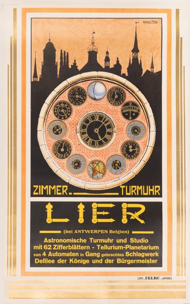 null MORA Alphonse. Zimmer Turmuhr Lier (bei Antwerpen Belgien). 1932. Affiche lithographique....