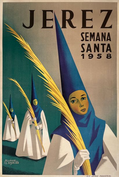 null MUNOZ CEBRIAN. Jerez semena santa 1958. Affiche lithographique. Lit. Jerez Industrial....