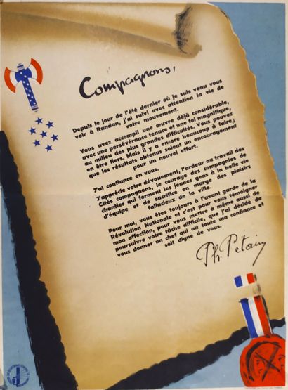 null VICHY. Compagnons, …. . 1943. Affiche-texte. Edition du Secrétariat Général...