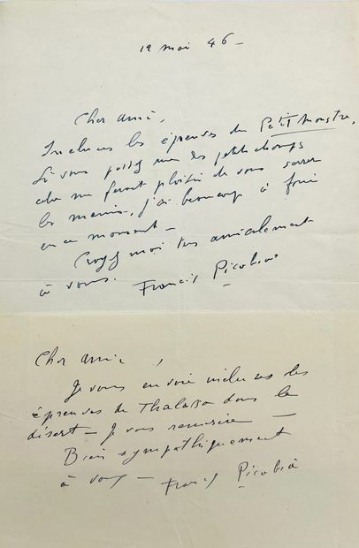 Francis PICABIA 2 lettres autographes signées [à Henri Parisot]. 1 p. in-8 et 1 p....