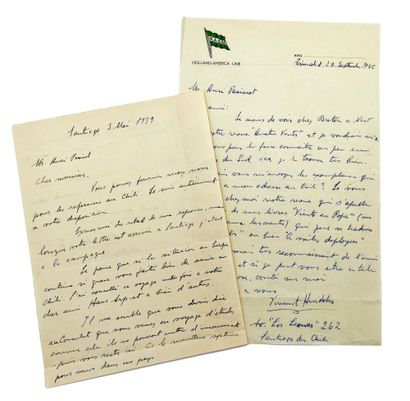 Vincente HUIDOBRO 2 lettres autographes signées à Henri Parisot. 3 pp. in-8. Santiago...