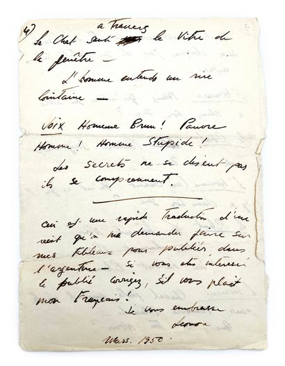 Leonora Carrington Autograph manuscript signed "Leonora", 4 pp. in-4, "La Femme,...