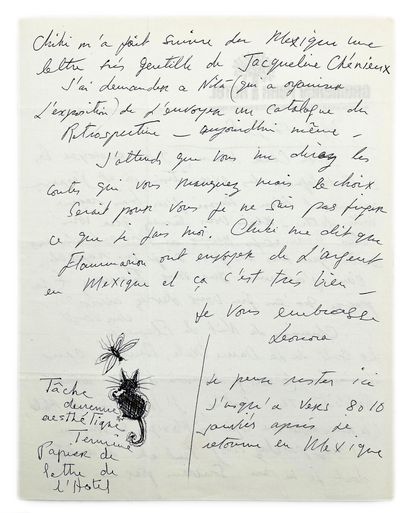 Leonora Carrington Autograph letter signed "Leonora" to Henri Parisot. 2 pp. in-4,...