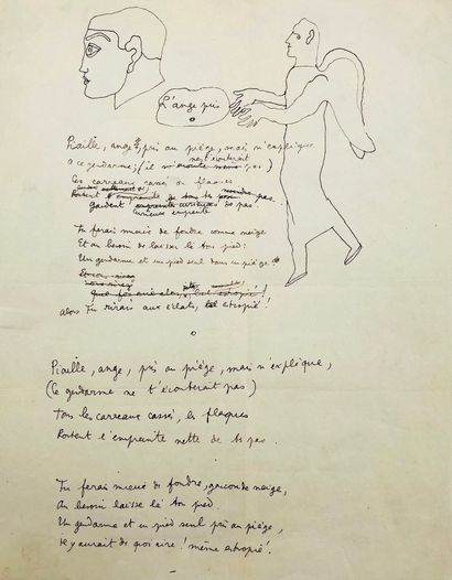 JEAN COCTEAU Manuscrit autographe, illustré de 2 dessins à la plume, «L'ange pris»....