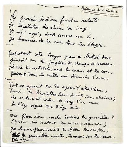 JEAN COCTEAU Manuscrit autographe, «Enfance de l'oiseleur», 1 p. in-4. Marges coupées.
Manuscrit...