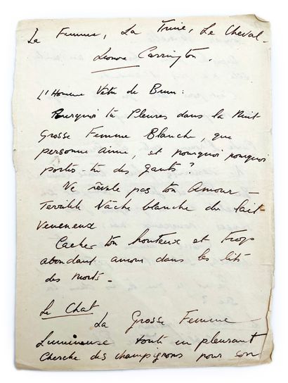 Leonora Carrington Manuscrit autographe signé «Leonora», 4 pp. in-4, «La Femme, La...