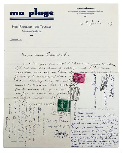 Max ERNST & Leonora CARRINGTON 2 cartes et 1 lettre, autographes signées, à Henri...