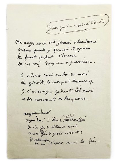 JEAN COCTEAU Autograph manuscript, "Jean part d'un monde à l'autre". 1 p. in-8. Some...