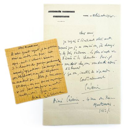 Aimé CÉSAIRE 2 lettres autographes signées à Henri Parisot, l'une à en-tête de l'Assemblée...