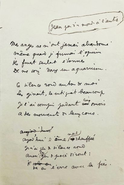 JEAN COCTEAU Autograph manuscript, "Jean part d'un monde à l'autre". 1 p. in-8. Some...