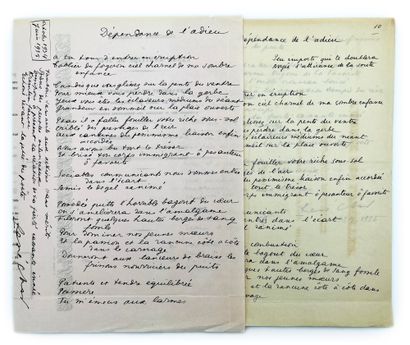 René Char 2 autograph manuscripts signed, "Dépendance de l'adieu", 2 pp. and 1 p....