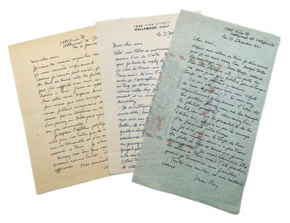 Man Ray 3 lettres autographes signées à Henri Parisot. 4 pp. in-4. Hollywood, déc....