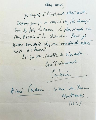 Aimé CÉSAIRE 2 lettres autographes signées à Henri Parisot, l'une à en-tête de l'Assemblée...