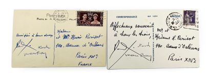 Paul ÉLUARD NUSH. MAN RAY. 2 cartes postales autographes signées à Henri Parisot....