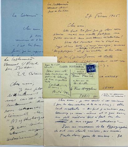 André MASSON 5 lettres et 1 carte, autographes signées, à Henri Parisot. 10 pp. in-4...