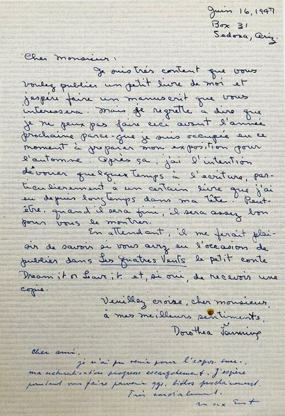 Dorothea TANNING & Max ERNST Lettre autographe signée de Dorothea Tanning à Henri...