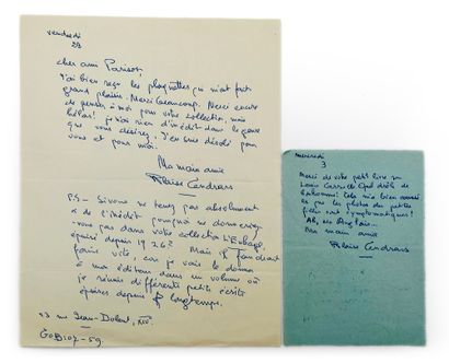 BLAISE CENDRARS 2 lettres autographes signées à Henri Parisot. ½ p. in-12 et 1 p....