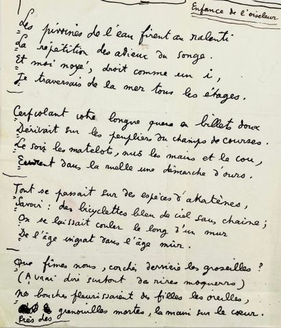 JEAN COCTEAU Manuscrit autographe, «Enfance de l'oiseleur», 1 p. in-4. Marges coupées.
Manuscrit...