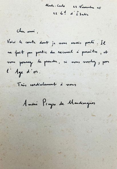 ANDRÉ PIEYRE DE MANDIARGUES 18 lettres et 6 cartes, autographes signées, à Henri...