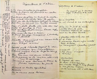 René Char 2 manuscrits autographes signés, «Dépendance de l'adieu», 2 pp. et 1 p....