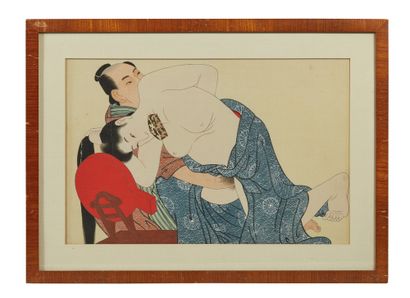 JAPON - Début XXe siècle 五幅组画，丝绸上的水墨和色彩，夫妇以各种姿势交配（有些污渍）
视觉尺寸21,7 x 33,3厘米
玻璃下的框架