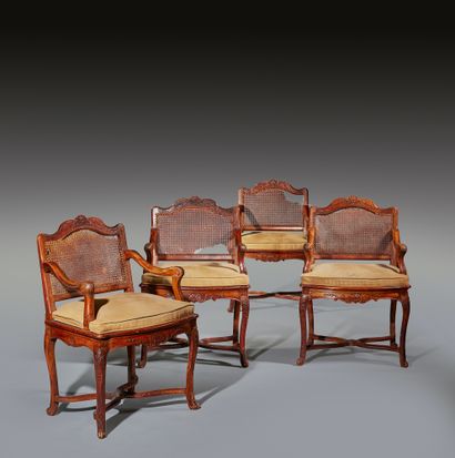 Suite of four armchairs with cane bottoms...