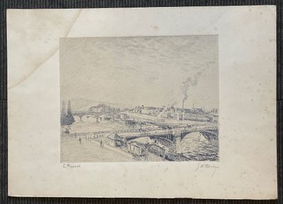 Camille PISSARRO & Georges W. THORNLEY 鲁昂的桥梁
来自W.Thornley在毕沙罗之后创作的25幅石版画的图版
涂在牛皮纸上的瓷器纸样，在皮萨罗和巴黎Thornley...