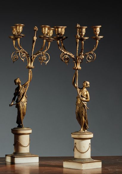 Pair of candelabras in white marble and chased...