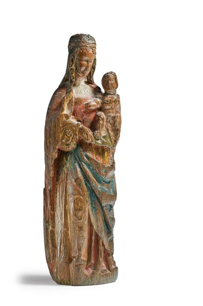 null 雕刻和多色的橡木圣母和儿童，平背
法国北部，16世纪
H.32厘米（可见事故和缺失部分）