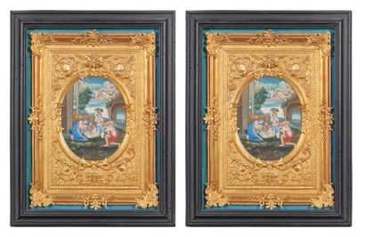 Ecole XVIIe siècle 牧羊人的崇拜和耶稣受难
一对浮雕纸画的奖章
在一个丰富的鎏金框架中
25 x 18 cm