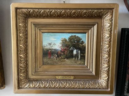 Georges WASHINGTON (1827-1910) 骑士们的停顿
板面油画，左下角有签名
21 x 16 cm