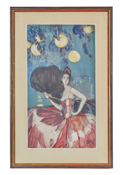 Jean-Gabriel DOMERGUE (1889-1962) 威尼斯的夜晚》，1921年
纸上水粉画，右下角有签名和日期 21 40.5 x 22.5 c...