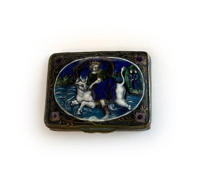 Brass snuffbox with polychrome painted enamel...